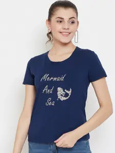 Camey Women Navy Blue Printed Round Neck T-shirt