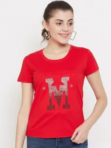 Camey Women Red & Silver Embellished T-shirt