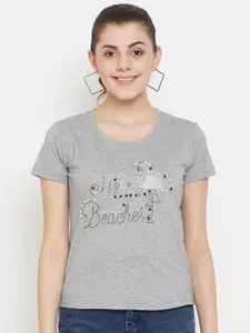 Camey Women Grey Self Design Round Neck T-shirt with Embellishments