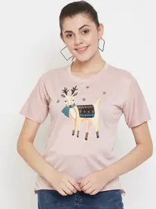 Camey Women Peach-Coloured Printed Round Neck T-shirt