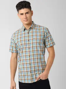 Peter England Men Blue & Brown Slim Fit Checked Casual Shirt