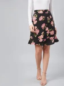 Carlton London Black & Pink Printed A-Line Skirt