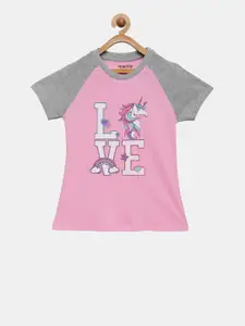 mackly Girls Pink & Grey Melange Printed Lounge T-shirt