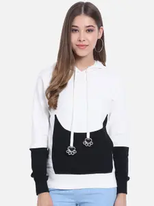 The Dry State Women White & Black Colourblocked Hooded Sweatshirt