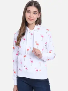 The Dry State Women White & Pink Printed Detachable Hood Sweatshirt