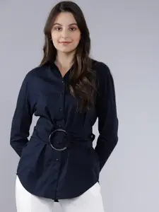 Tokyo Talkies Women Navy Blue Regular Fit Solid Casual Shirt