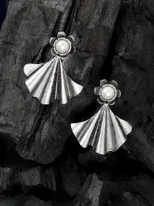 Priyaasi White Oxidised Silver-Plated German Silver Floral Contemporary Drop Earrings