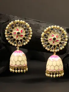 Priyaasi Off-White & Pink Gold-Plated Kundan-Studded & Beaded Handcrafted Jhumkas