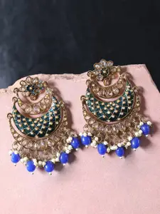 Priyaasi Blue Gold-Plated Stone Studded & Beaded Handcrafted Crescent Shaped Chandbalis