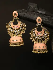 Priyaasi Pink & White Gold-Plated Kundan-Studded Handcrafted Enamelled Dome-Shaped Jhumkas