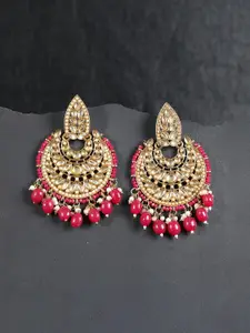 Priyaasi Pink Gold-Plated Stone-Studded & Beaded Handcrafted Crescent-Shaped Chandbalis