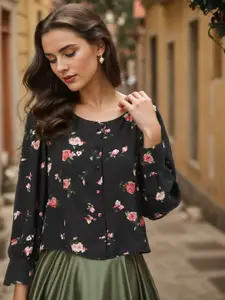 RARE Black & Pink Floral Shirt Style Top