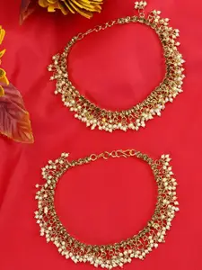 ANIKAS CREATION Set Of 2 Gold-Plated Beige & Off-White Kundan-Studded Beaded Vilandi Anklets