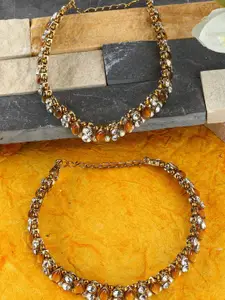 ANIKAS CREATION Set Of 2 Gold-Plated White & Beige Kundan-Studded Beaded Vilandi Anklets