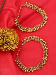 ANIKAS CREATION Set Of 2 Gold-Plated Beige Kundan-Studded Vilandi Anklets