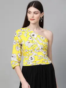 Orchid Hues Women Yellow & White Floral Print One-Shoulder Top