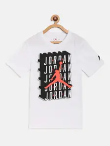Jordan Boys White  Black Crosswords Brand Logo Round Neck Basketball Pure Cotton T-shirt