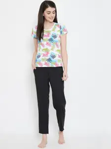 Clovia Women Black & White Printed Night suit