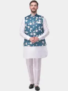 SG LEMAN Men White & Blue Solid Kurta with Trousers