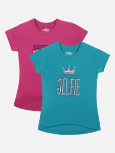 PROTEENS Girls Pink & Teal Green Set of 2 Printed Round Neck T-shirts