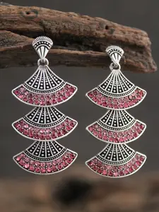 justpeachy Silver-Plated & Pink Oxidised Contemporary Drop Earrings