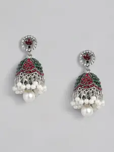 justpeachy Silver-Plated & Red Studded Dome Shaped Jhumkas