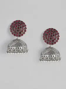 justpeachy Silver-Plated & Red Dome Shaped Jhumkas