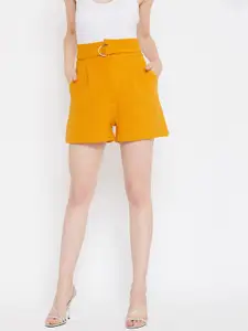 Zastraa Women Mustard Yellow Solid Regular Fit Shorts