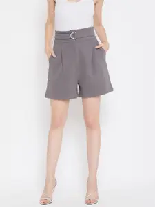 Zastraa Women Grey Solid Regular Fit Shorts with Belt