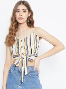 Berrylush White & Yellow Striped Cinched Waist Top