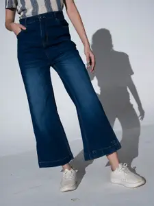 Hubberholme Women Navy Blue Slim Fit Bootcut Mid-Rise Clean Look Cropped Stretchable Jeans