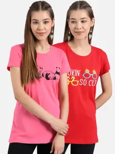 Kotty Women Pack Of 2 Red & Pink Printed Round Neck T-shirts