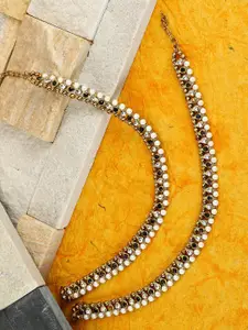 ANIKAS CREATION Set Of 2 Gold-Plated Black & White Kundan-Studded Beaded Vilandi Anklets