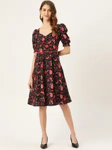 Antheaa Women Black & Red Floral Print Puff Sleeves Fit and Flare Dress