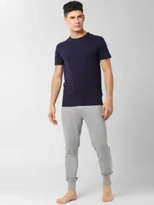 Peter England Men Navy Blue & Grey Melange Solid T-Shirt & Joggers Set
