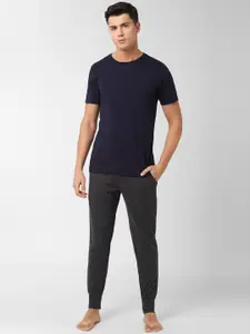 Peter England Men Navy Blue & Charcoal Grey Solid T-Shirt & Joggers Set