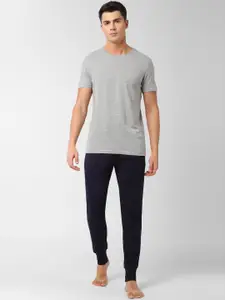 Peter England Men Grey & Navy Blue Solid T-Shirt & Joggers Set