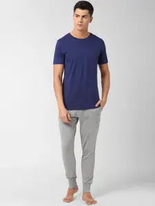 Peter England Men Blue & Grey Melange Solid T-Shirt & Joggers Set