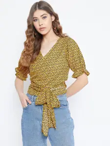 Berrylush Women Yellow Printed Wrap Top