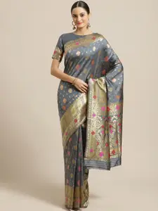 Saree mall Charcoal Grey & Golden Woven Design Banarasi Saree