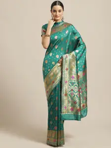 Saree mall Teal Green & Golden Woven Design Banarasi Saree