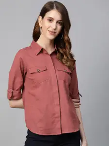 plusS Women Dusty Pink Regular Fit Solid Casual Shirt