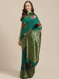 Saree mall Teal Green & Golden Floral Woven Design Banarasi Saree
