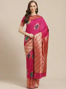 Saree mall Pink & Golden Floral Woven Design Banarasi Saree