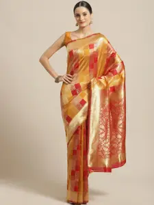 Saree mall Red & Mustard Yellow Checked Banarasi Saree