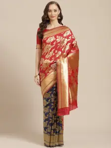 Saree mall Red & Navy Blue Floral Woven Design Half & Half Banarasi Saree