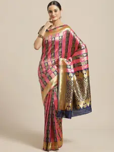 Saree mall Navy Blue & Pink Checked Banarasi Saree