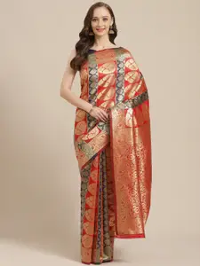 Saree mall Red & Navy Blue Woven Design Banarasi Saree