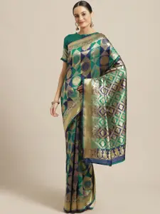Saree mall Navy Blue & Teal Green Ethnic Woven Design Banarasi Saree