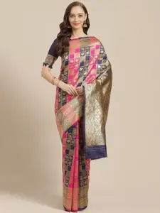 Saree mall Pink & Navy Blue Ethnic Woven Design Banarasi Saree